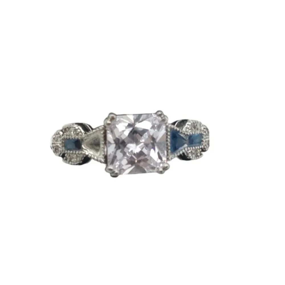 925 Sterling Silver Ring With Clear & Blue Stones Size 6 Art Deco Style - Picture 2 of 3